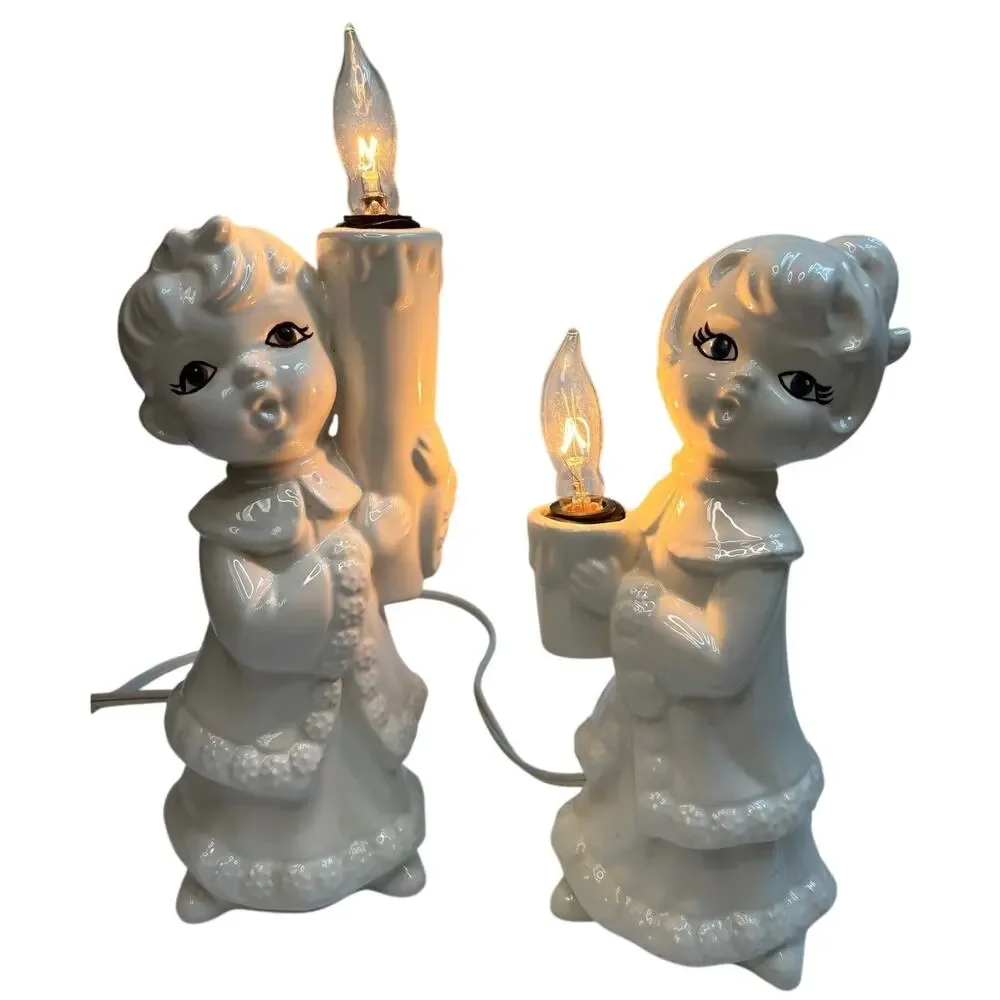 Vintage Big Eyed Christmas Carolers Girl Boy Ceramic Light Up Set 2 CHIPPED